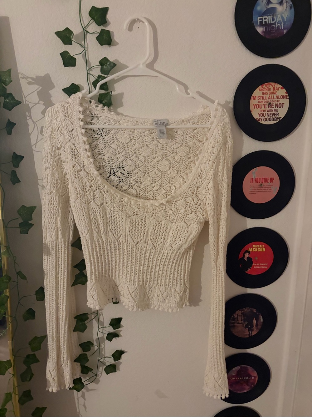 Cream Crochet Knit Women's Sweater - Scoop Neck Long Sleeve